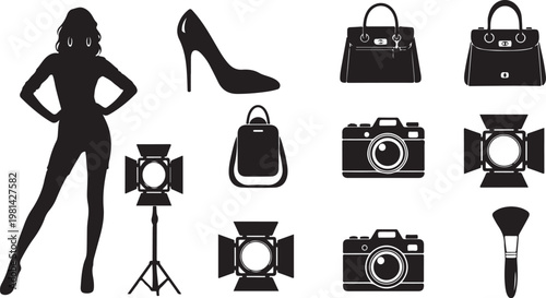 Fashion photography equipment and accessories in black silhouette style