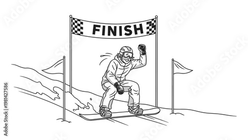 A snowboarder celebrates crossing the finish line with a checkered flag banner and two triangular flags on either side in a simple line drawing.
