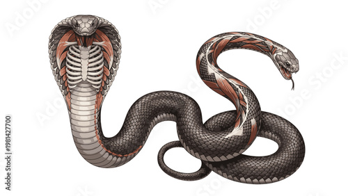 An illustration of a cobra snake with a skeletal body and orange accents on a white background.
