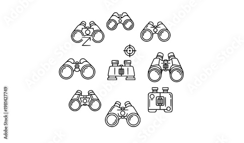 A collection of various binoculars and spyglasses in a minimalist line art style
