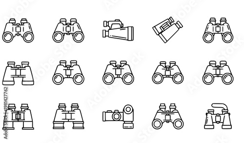 A set of minimalist binocular and camera icons in a flat line art style