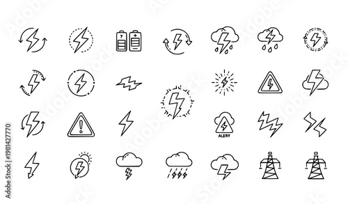 A set of black and white line art icons depicting various electricity and weather related symbols