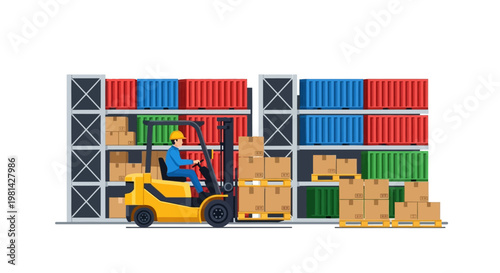 Logistics and Warehouse Operation Vector Illustration with Forklift Truck, Worker, and Cargo Containers