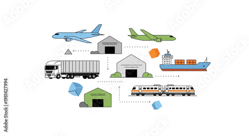 Global Logistics and Supply Chain Network Illustration showing Multimodal Transportation with Air Cargo, Freight Truck, Cargo Ship, Train, and Warehouse Distribution Centers