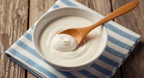 Creamy white yogurt in a bowl with a wooden spoon on a blue striped napkin set on a rustic wooden table for a healthy snack