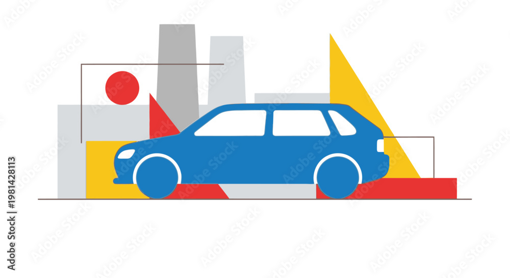 Naklejka premium Modern Flat Design Illustration of a Blue Car with Abstract Geometric Cityscape Background