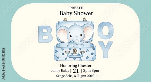 Baby shower invitation, blue with elephant in suitcase, text 