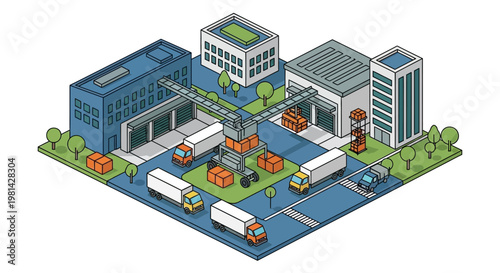 Isometric Logistics and Distribution Center Illustration with Cargo Trucks, Warehouses, and Industrial Supply Chain Infrastructure