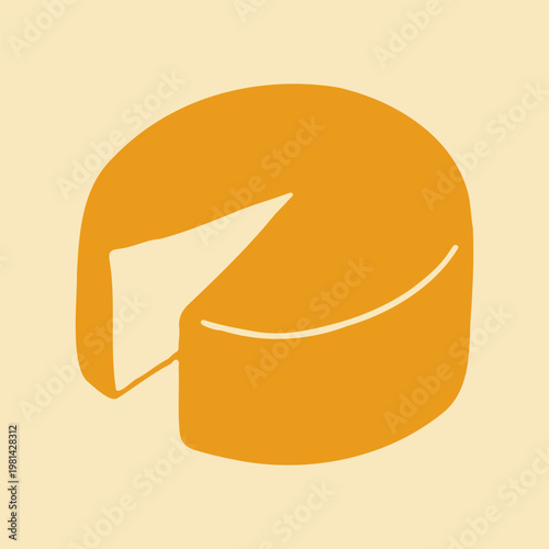 Hand drawn vector illustration of a solid round cheese head with one piece cut out. Artistic doodle graphic of a dairy product for farm market branding or gourmet food design