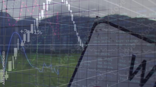 Camera panning from close WIND sign, financial chart fading in, rising, tracking wind farm rally