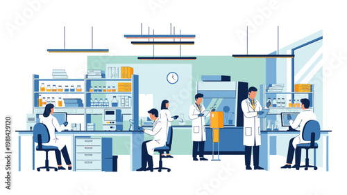 Illustration of scientists working in a laboratory with various equipment and shelving units in a clean and organized environment.