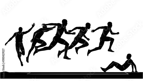 Silhouette of six runners in various sprinting positions with one exhausted runner collapsing on a finish line against a plain white background.