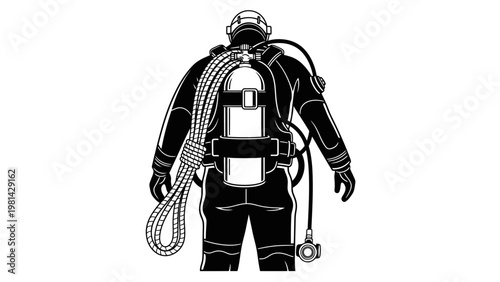 Full-body illustration of a scuba diver wearing a diving suit and oxygen tank on a white background.