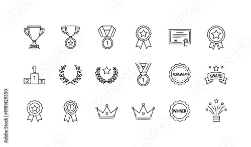 A set of black and white line art vector graphics depicting various award and achievement symbols.