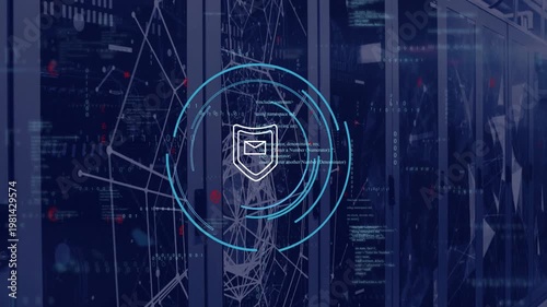 Blue tint fading over server racks, HUD emerging, cyan rings rotating, settling and securing email