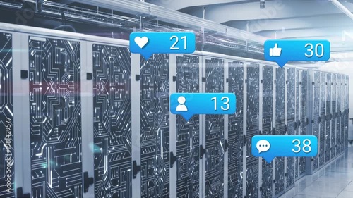 Long server rack row showing badges popping up after single blue bubble, showing engagement growth