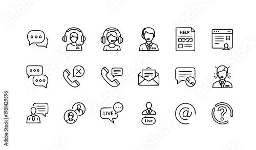 A set of minimalist line art icons depicting various customer service and communication concepts