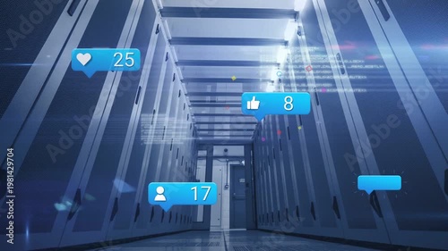 Blank blue bubble appearing in datacenter corridor, notification bubbles advancing, changing counts