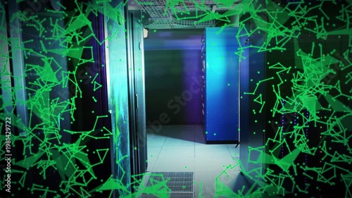 On playback server aisle showing green geometric overlay growing inward, mapping network flow