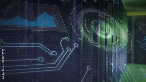 Translucent monitoring HUD appearing left, pulsing, rotating, scanning racks for diagnostics