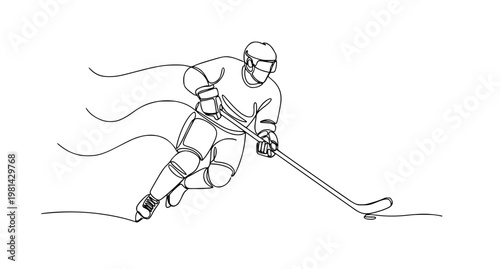 Single line ice hockey player vector with dynamic skating pose minimal outline illustration
