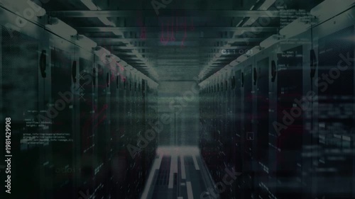 Central server-rack aisle pulsing and projecting UI after data surge, floor lights warning anomaly