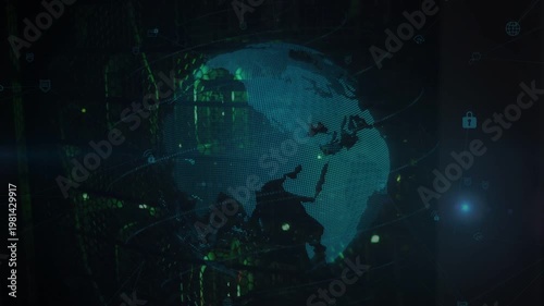 Control system starting rotation, dotted globe showing regions and projecting nodes for network ops