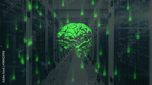 Binarycode rising sparking brainhologram forming datacenter rotating shedding pixels showing load