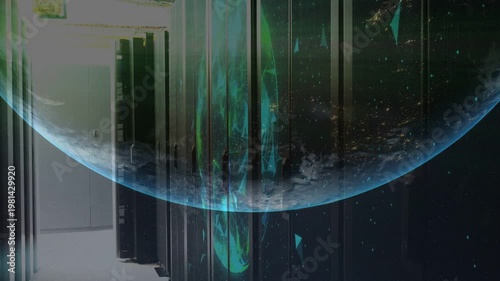 Planetary crescent overlay starting and moving down server aisle, blending aurora column with racks