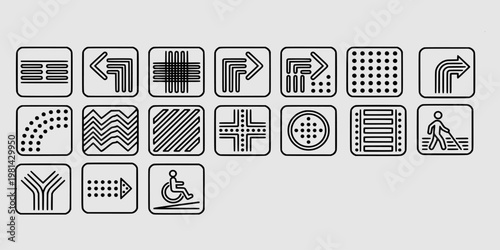 icon set collection of tactile paving patterns, directional indicators, and accessibility symbols for the visually impaired and disabled community in urban planning.