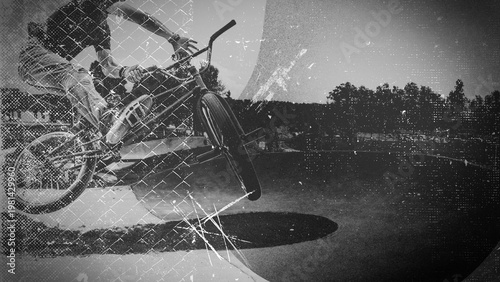Принти на полотні A person performs an acrobatic BMX bike jump in midair captured with a textured vintage black and white effect outdoors