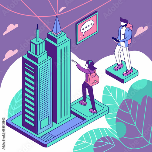 A person pointing at a virtual reality advertisement near a building