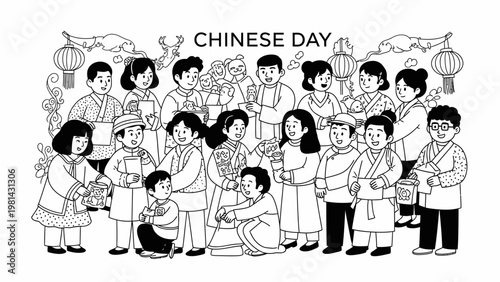 Black and white illustration of a diverse group of people celebrating Chinese Day with various traditional activities and lanterns.