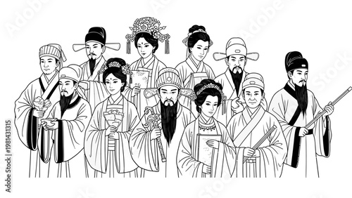 Black and white illustration of a diverse group of ten traditional Asian people in various costumes and hairstyles standing together on a plain background.