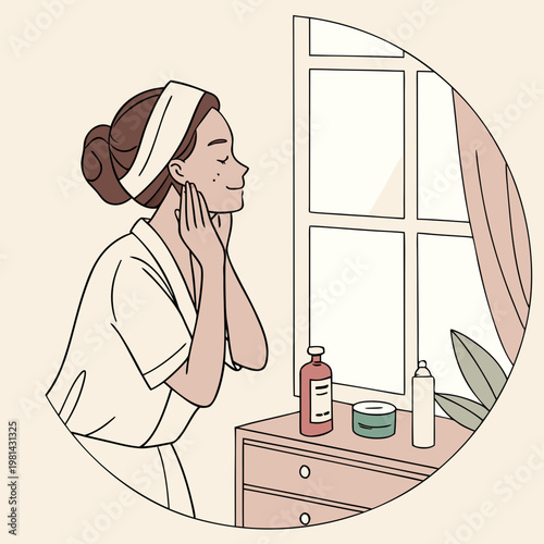 Woman in bathrobe looking at her face in the mirror