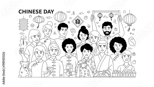 Black and white illustration of diverse people celebrating Chinese Day with traditional lanterns and symbols.
