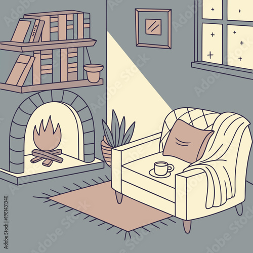 Cozy armchair beside a fireplace in a quiet room