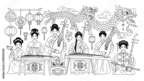 Line drawing of a traditional Chinese musical band performing with various instruments and a dragon decoration in the background with hanging lanterns.