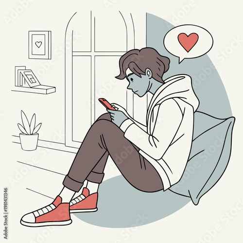 A person sitting on a bean bag chair texting on their phone