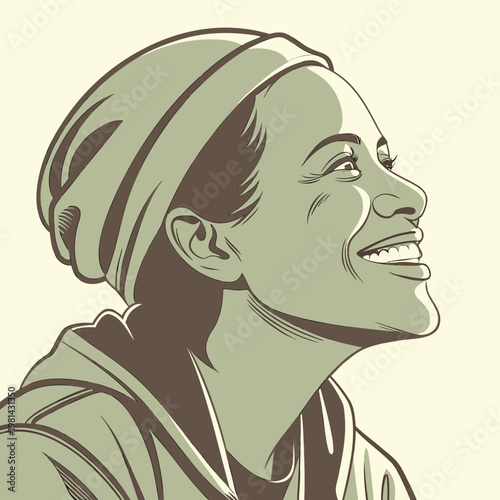Smiling woman wearing a headscarf looks to the side