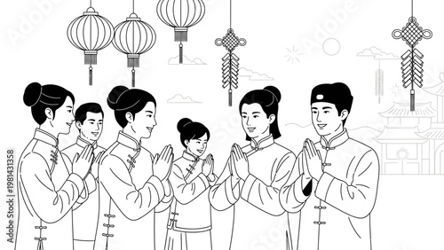Line drawing of a group of six people in traditional Chinese clothing standing together with lanterns and a building in the background.