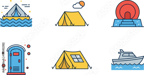 Camping and outdoor adventure icons set illustration with tent boat sunset portable toilet and travel elements minimal flat design