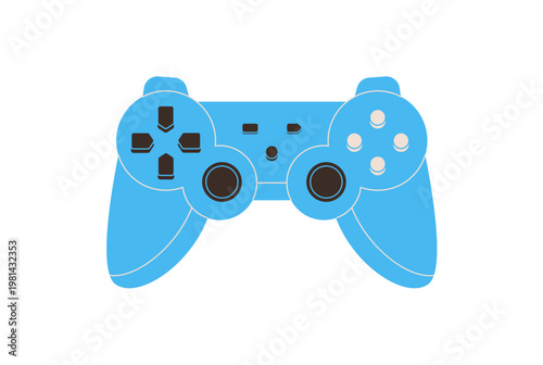 Retro gamepad in flat style as blue controller label. Joystick and arcade gadget for videogame and console play, ideal for player or game device themes, clean minimal pop culture use.