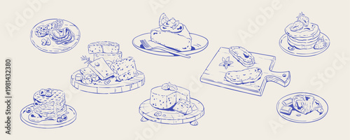 Whimsical mediterranean brunch doodle set in blue line style. Hand drawn breakfast food with pancakes, cake and croissant as cozy cafe meal. Cute bakery icon pack for menu, restaurant card or brunch