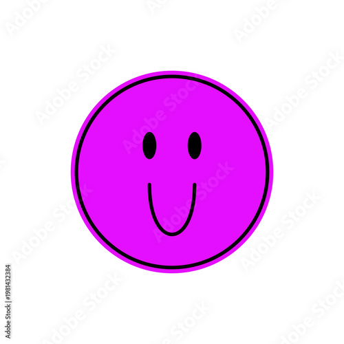 Pink cool retro smiley patch in flat cartoon graphic style. Happy pop emoji with y2k vibe and playful eyes. Graphic element for fun projects, modern and expressive.