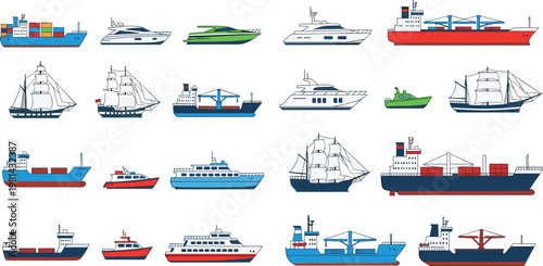 Various Ships and Boats Collection with Cargo, Cruise, Yacht, and Sailing Vessels, Maritime Transport and Nautical Illustration Set