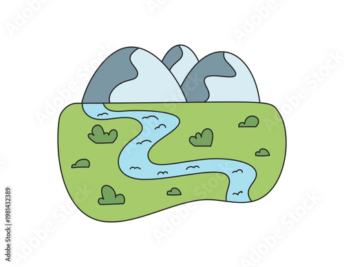 Green mountain river cartoon doodle with expedition theme. Hand drawn camp icon for outdoor adventure and nature travel element, colorful campsite environment, trekking in scenic landscape.