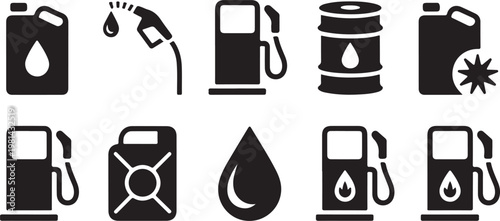 Gas station icons set, fuel pump and oil barrel vector symbols, black gasoline canister and diesel drop silhouettes for energy industry
