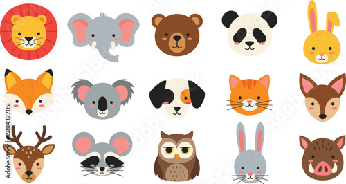 Cute Animal Face Icons Set with Lion, Elephant, Bear, Panda, Fox, Koala, Dog, Cat, Owl, Rabbit, and More Cartoon Wildlife Characters