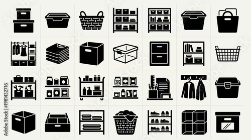 Home Organization and Storage Box Container Black Silhouette Icons